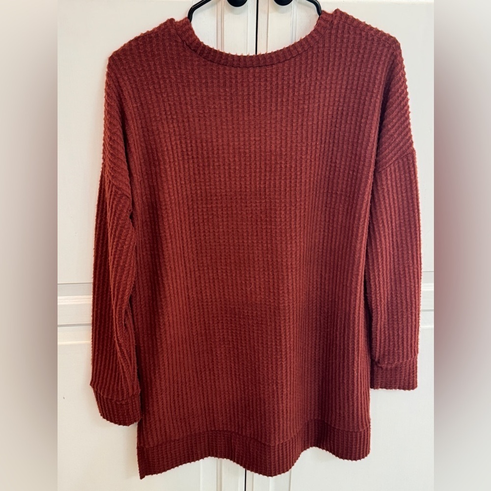 Zenana Outfitters Rust Orange Crew Neck Fuzzy Textured Sweater oversized S - Picture 5 of 5